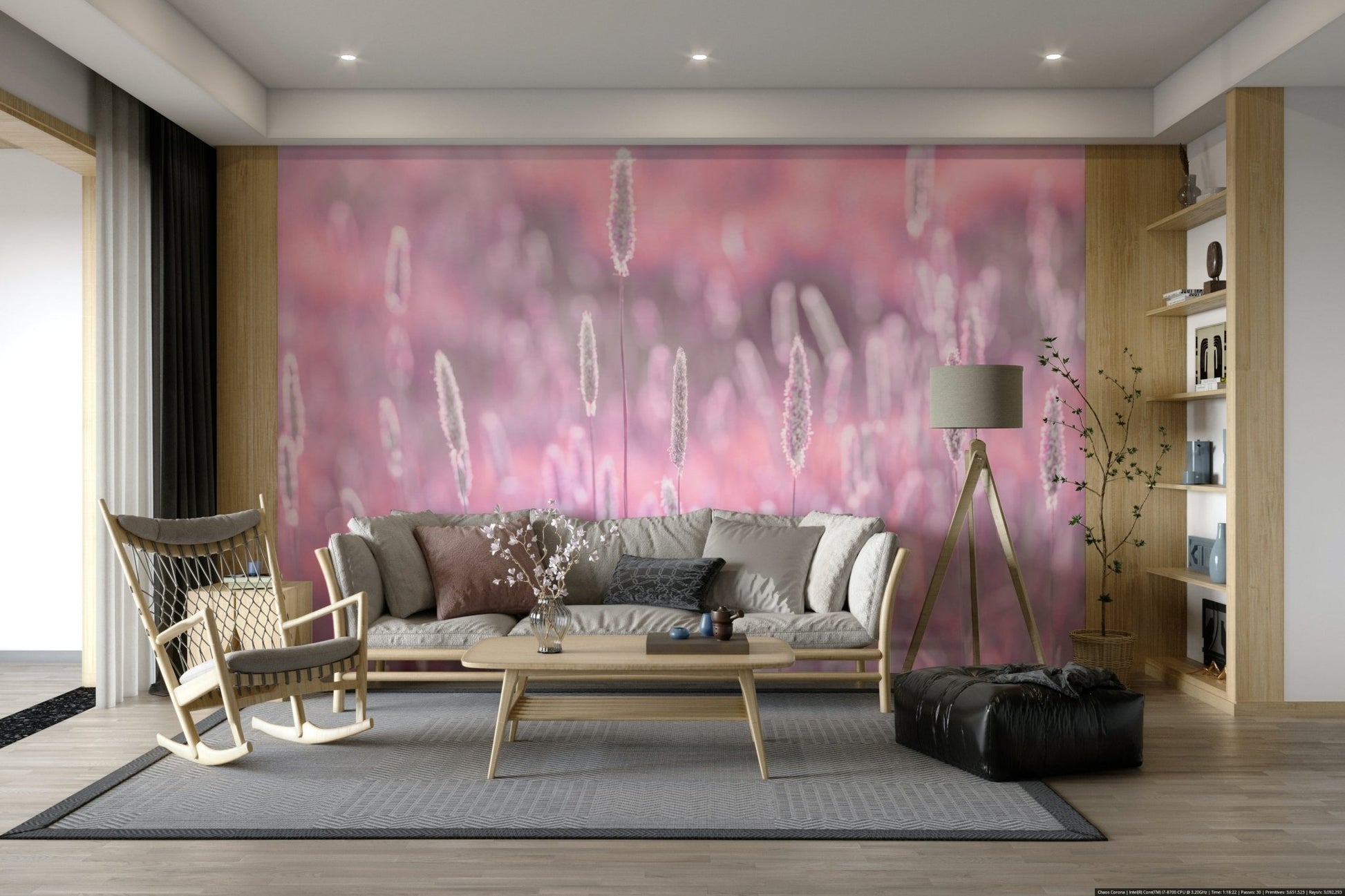 Subtle pink flowers in natural landscape mural

