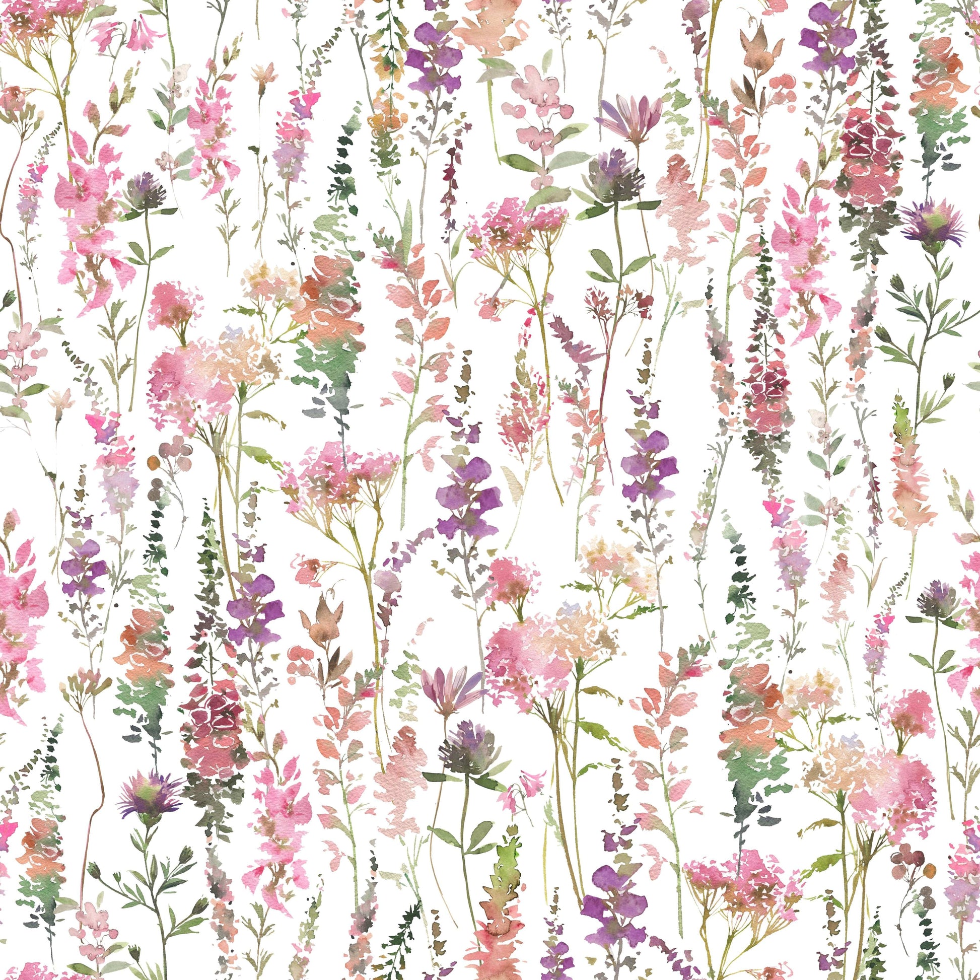 Whimsical floral stems wallpaper Pink Watercolor Meadow look.