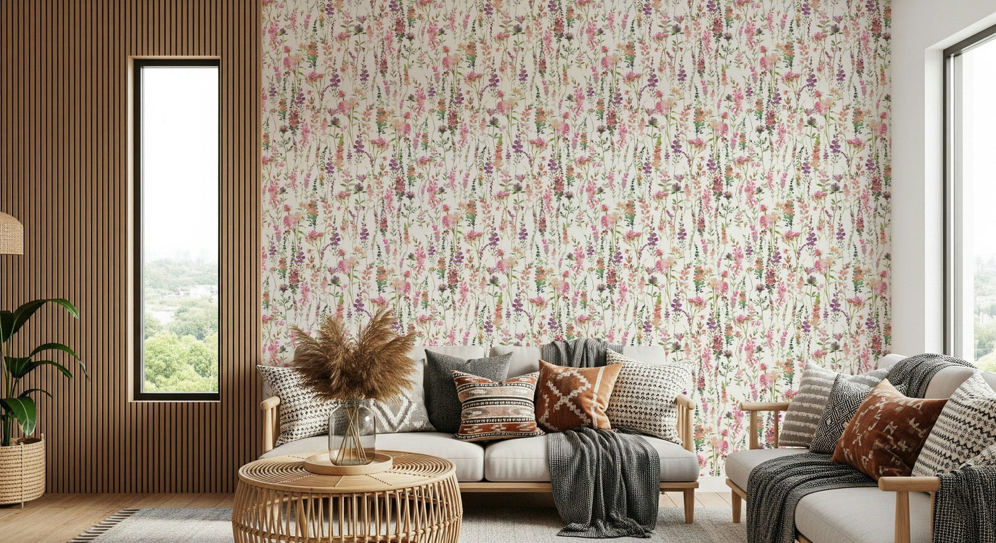 Dreamy pastel wall covering Pink Watercolor Meadow graphic.