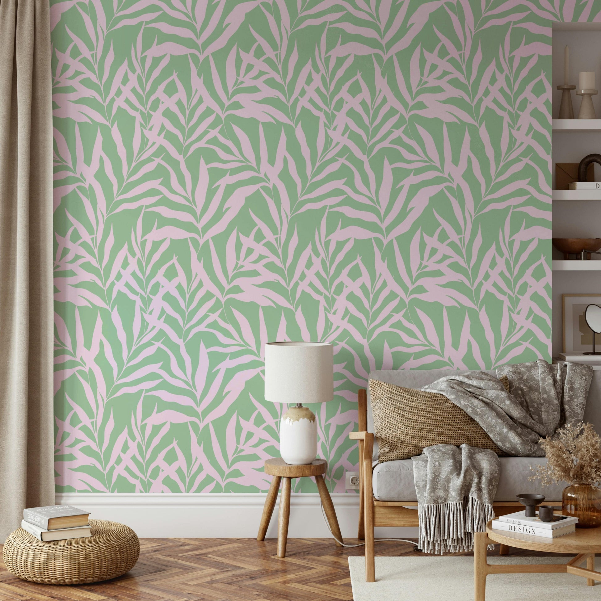 A living room with tropical palm leaf wallpaper

