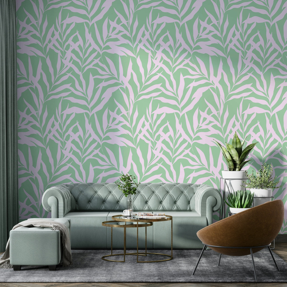 Green and white wavy palms wallpaper

