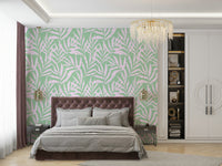 An interior with a tropical-themed accent wall

