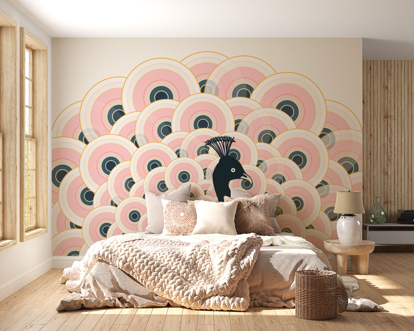 Chic peacock pattern wallpaper for bedroom walls