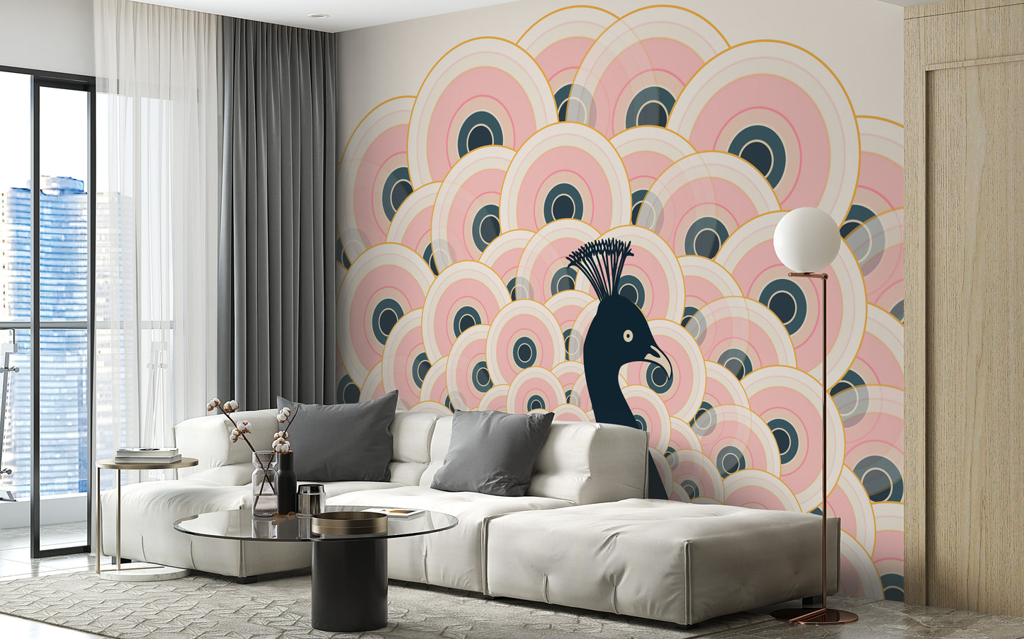 Pink peacock wallpaper mural for modern decor