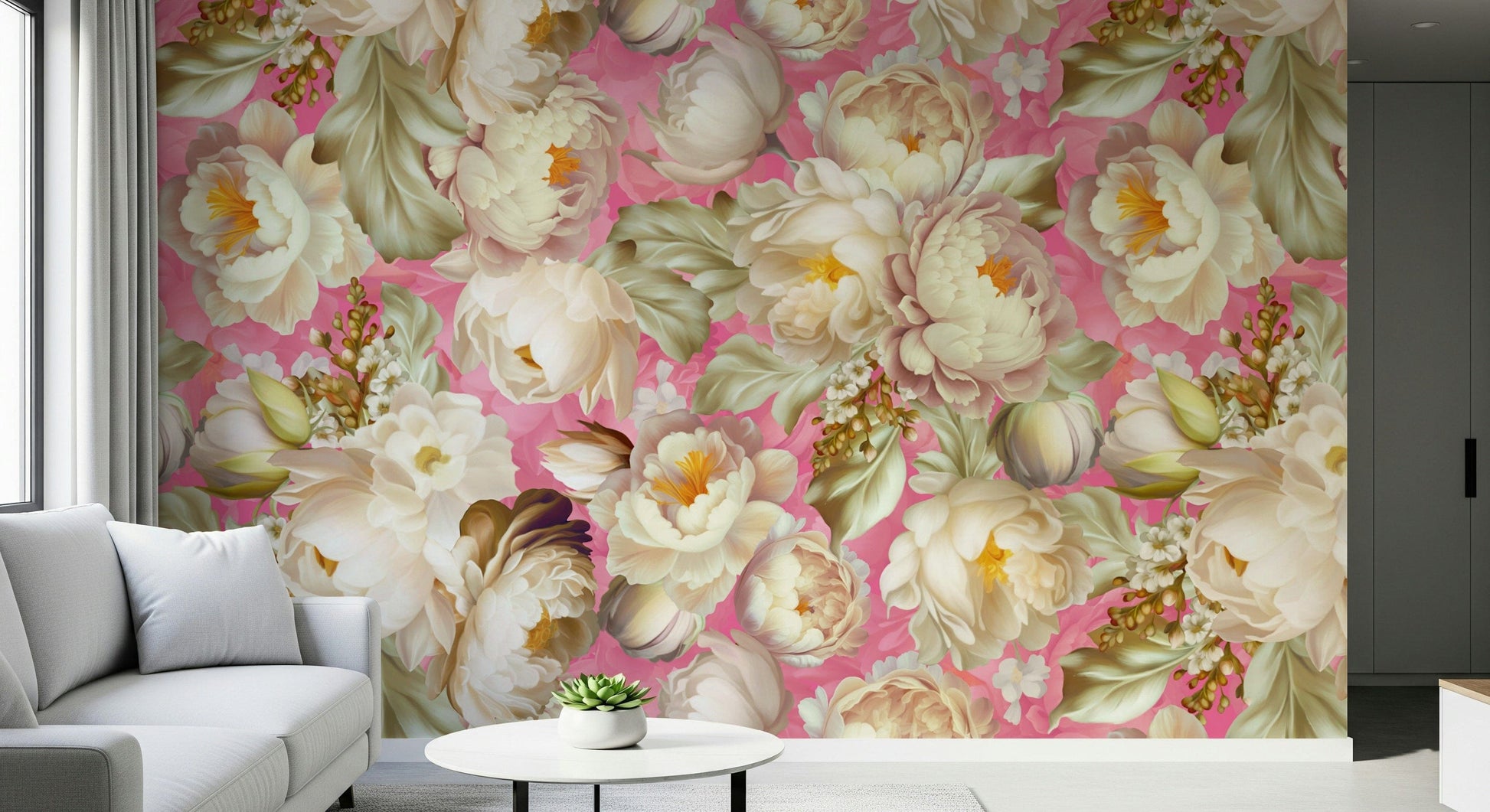 Floral Burst Pink Wallpaper Mural – Energetic wall design with clusters of soft pink flowers in full bloom.