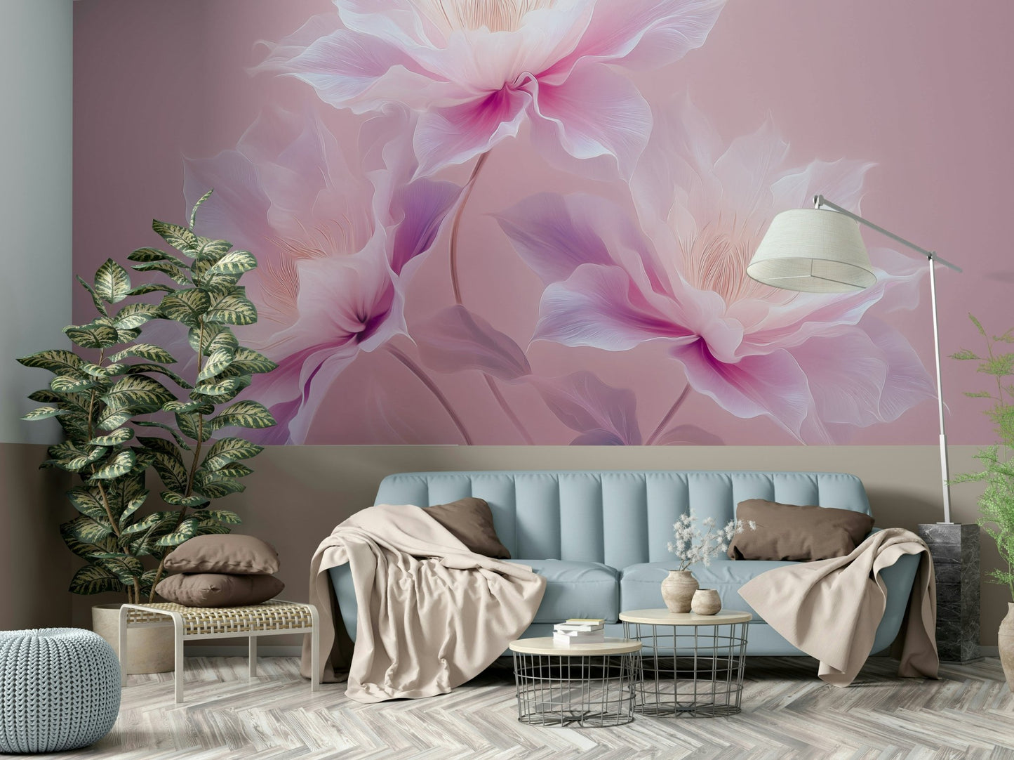 Soft blush flower mural on pink background
