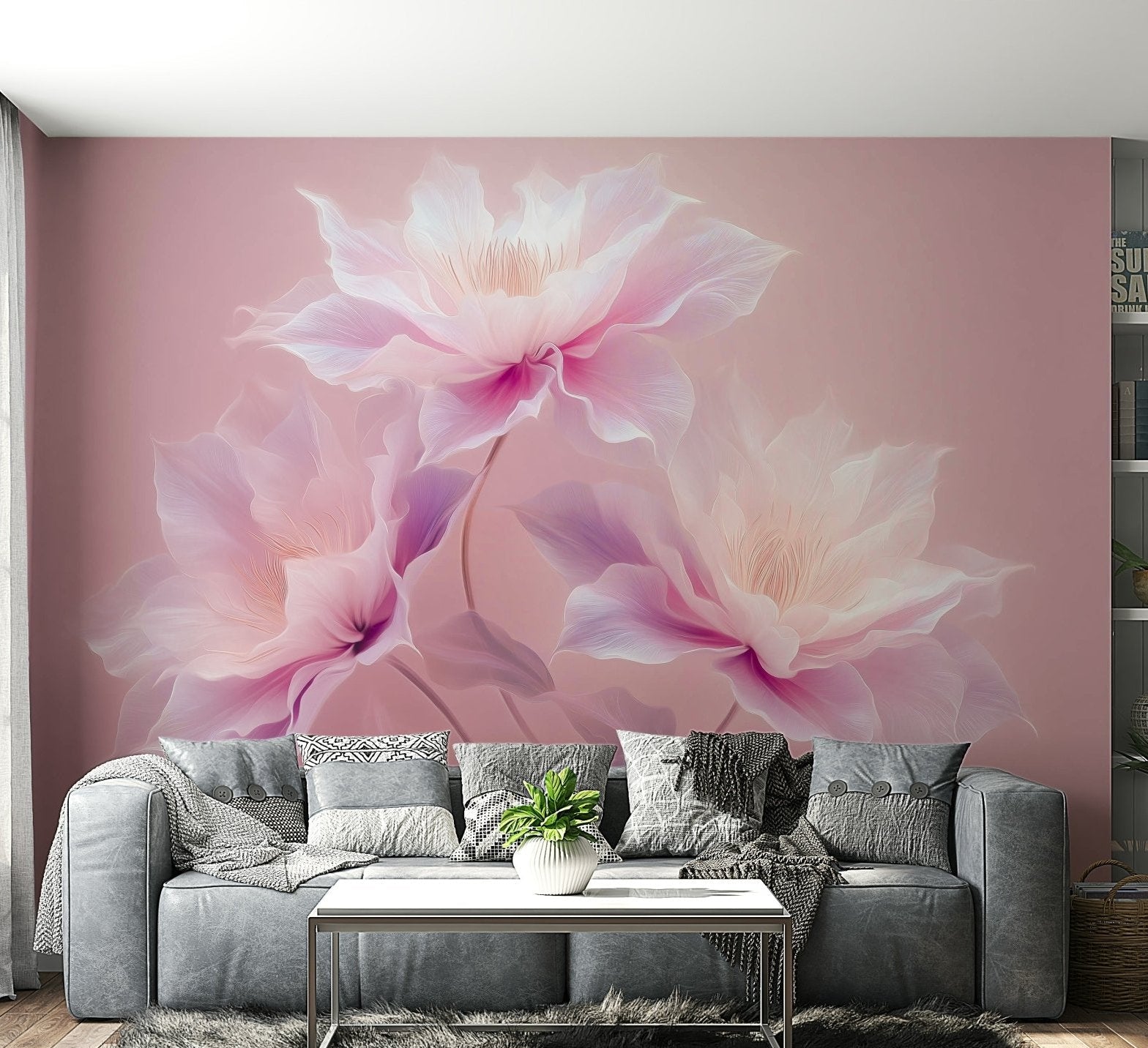Wall mural with flowing pink flowers
