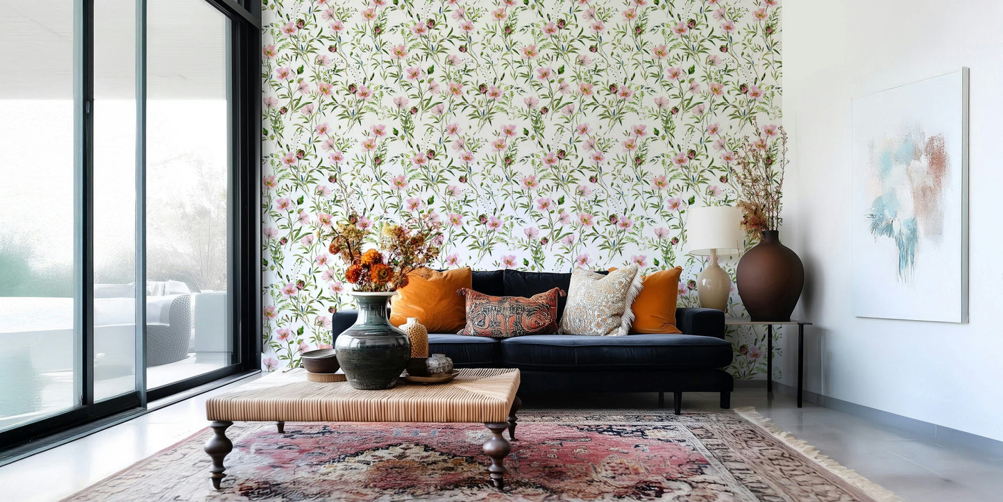 Peel and stick wallpaper, spring flower print, full bloom Blossom Hues.