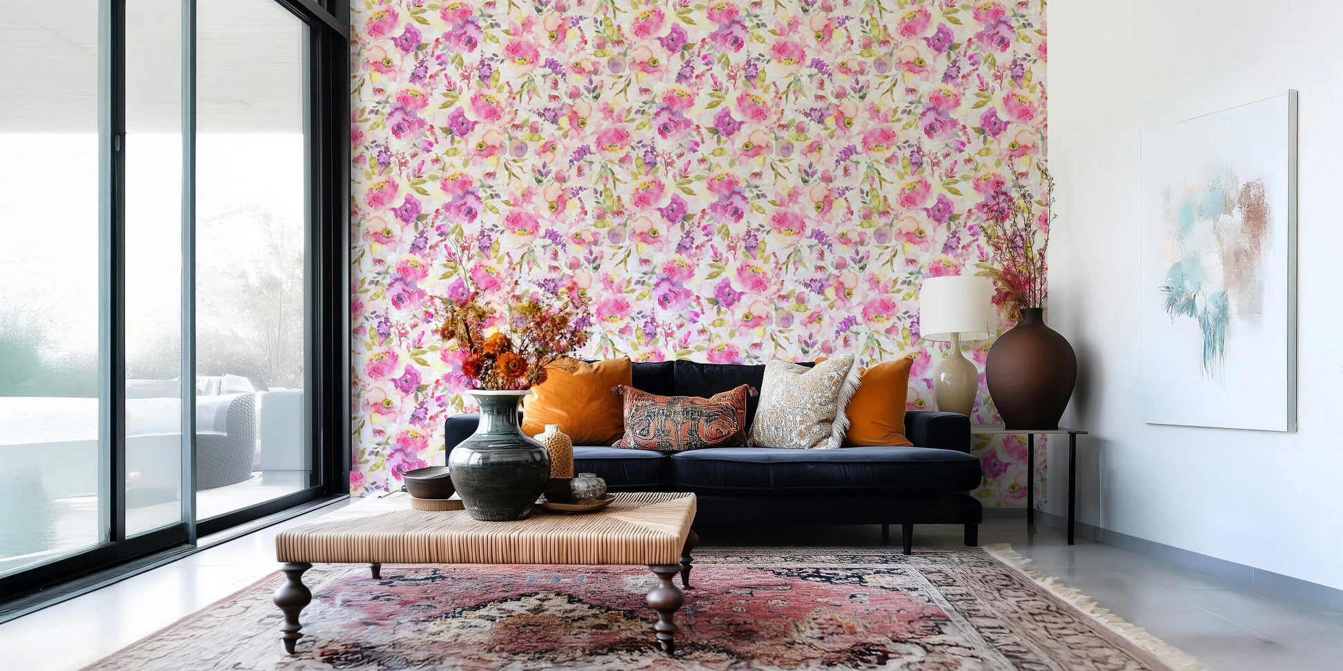Hand-painted floral wallpaper mural bright decor.