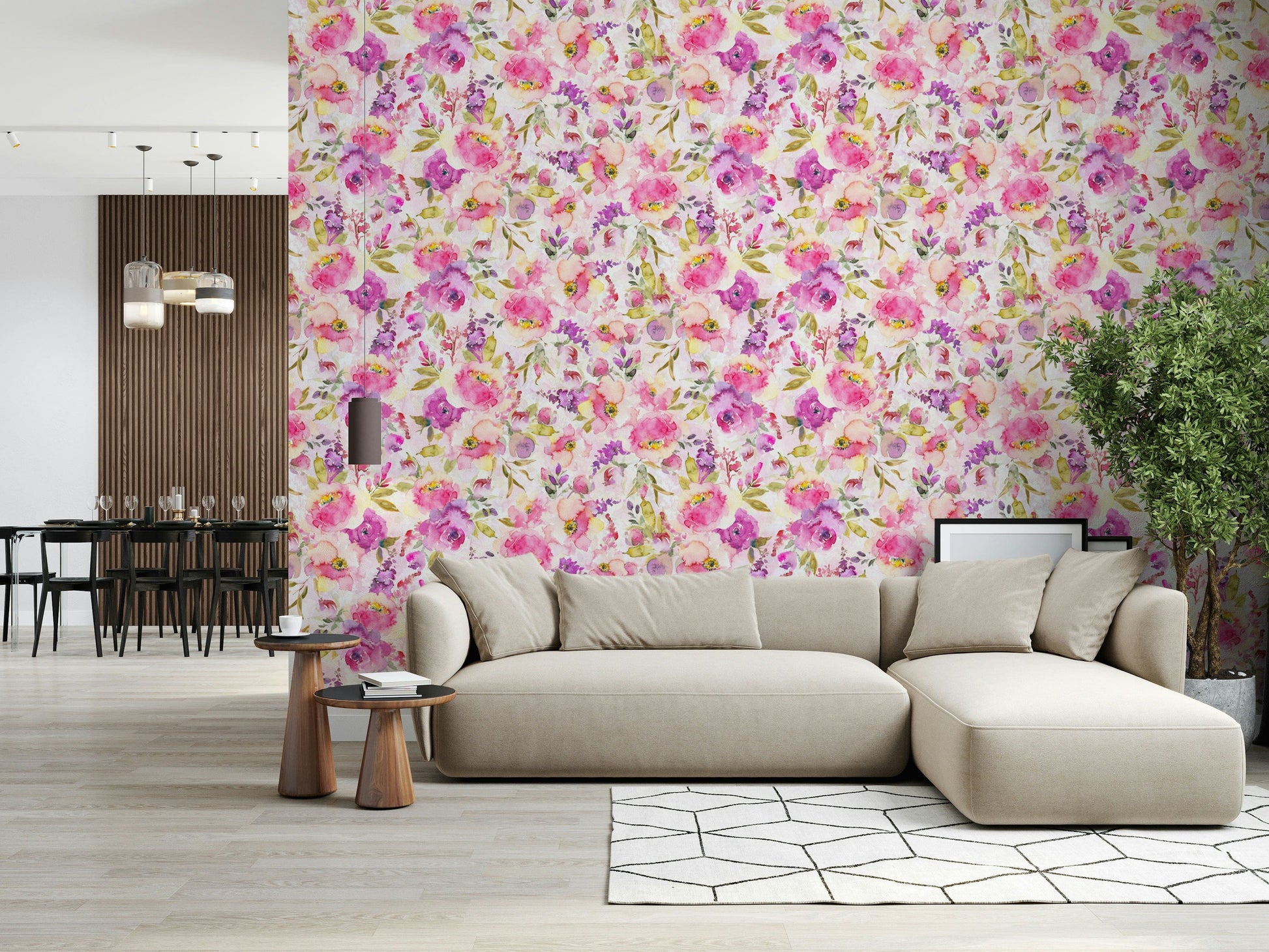 Vibrant watercolor floral peel and stick wallpaper.