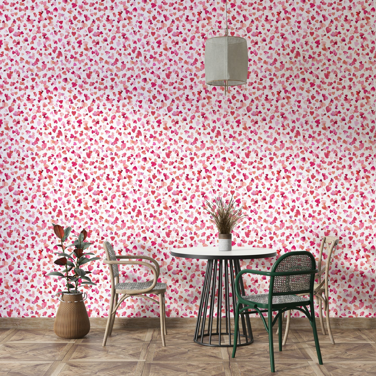 Pink-red wallpaper with repeating heart illustrations

