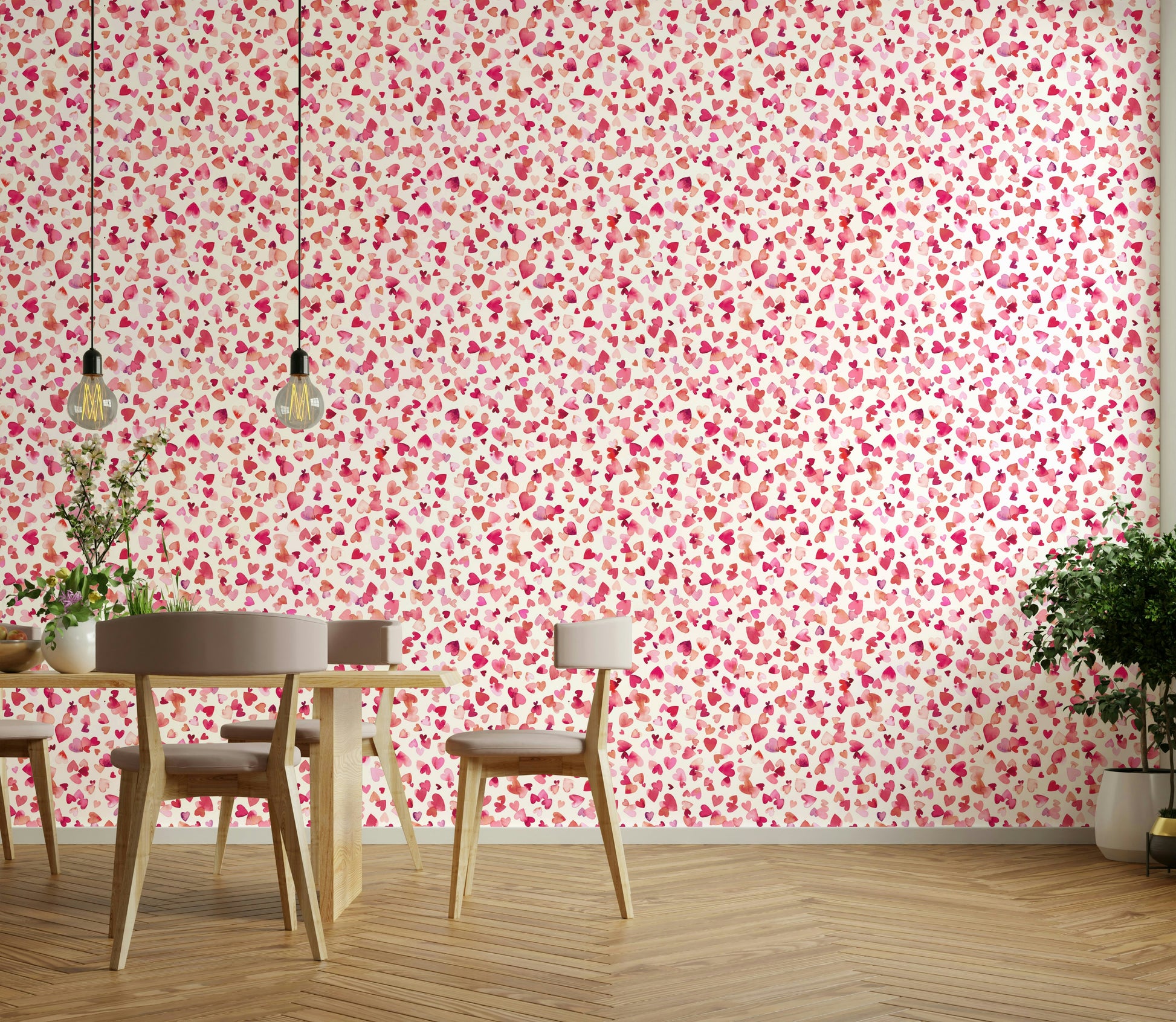 Playful romantic wallpaper with love heart motifs

