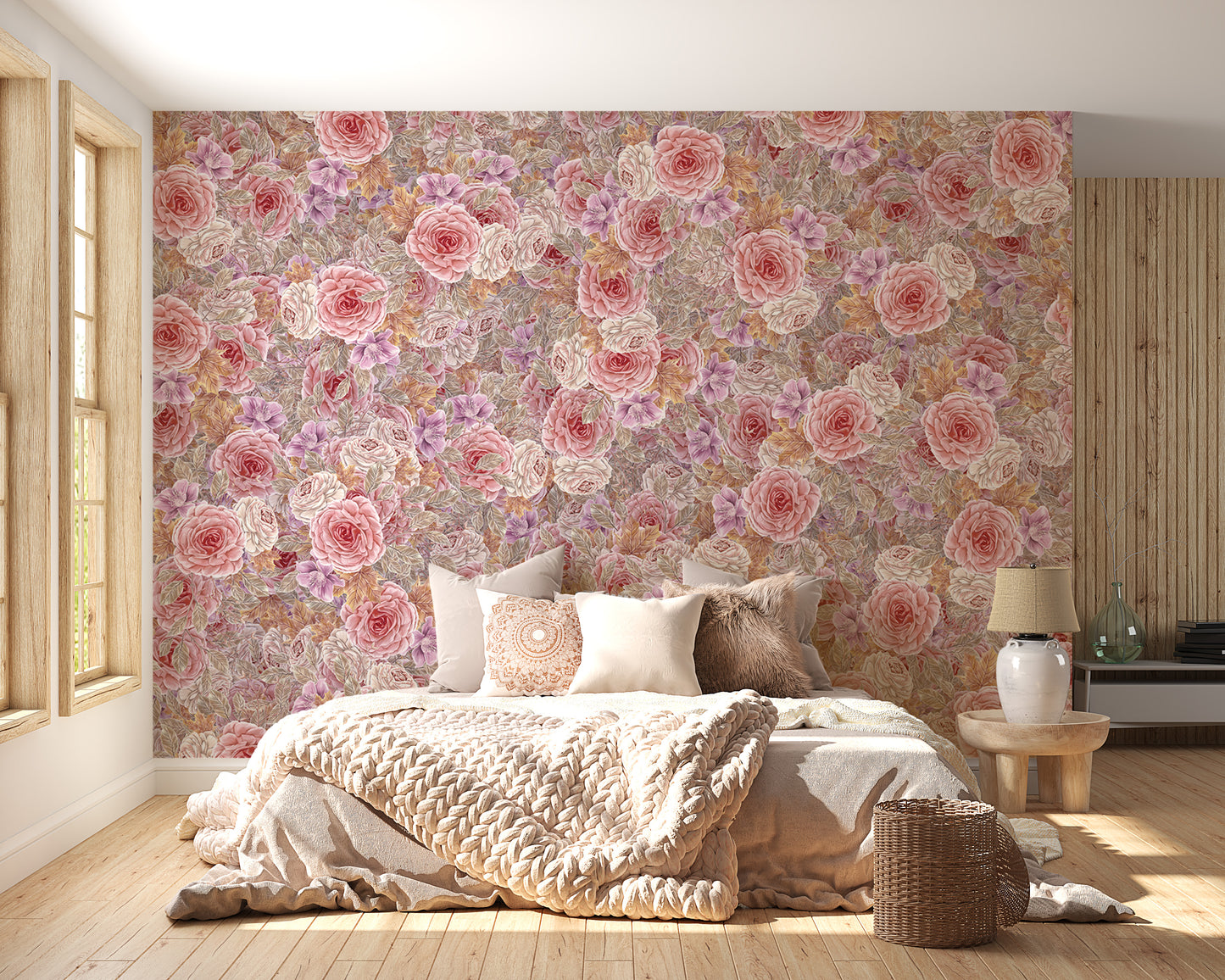 Soft pink rose wallpaper mural creates a romantic ambiance
