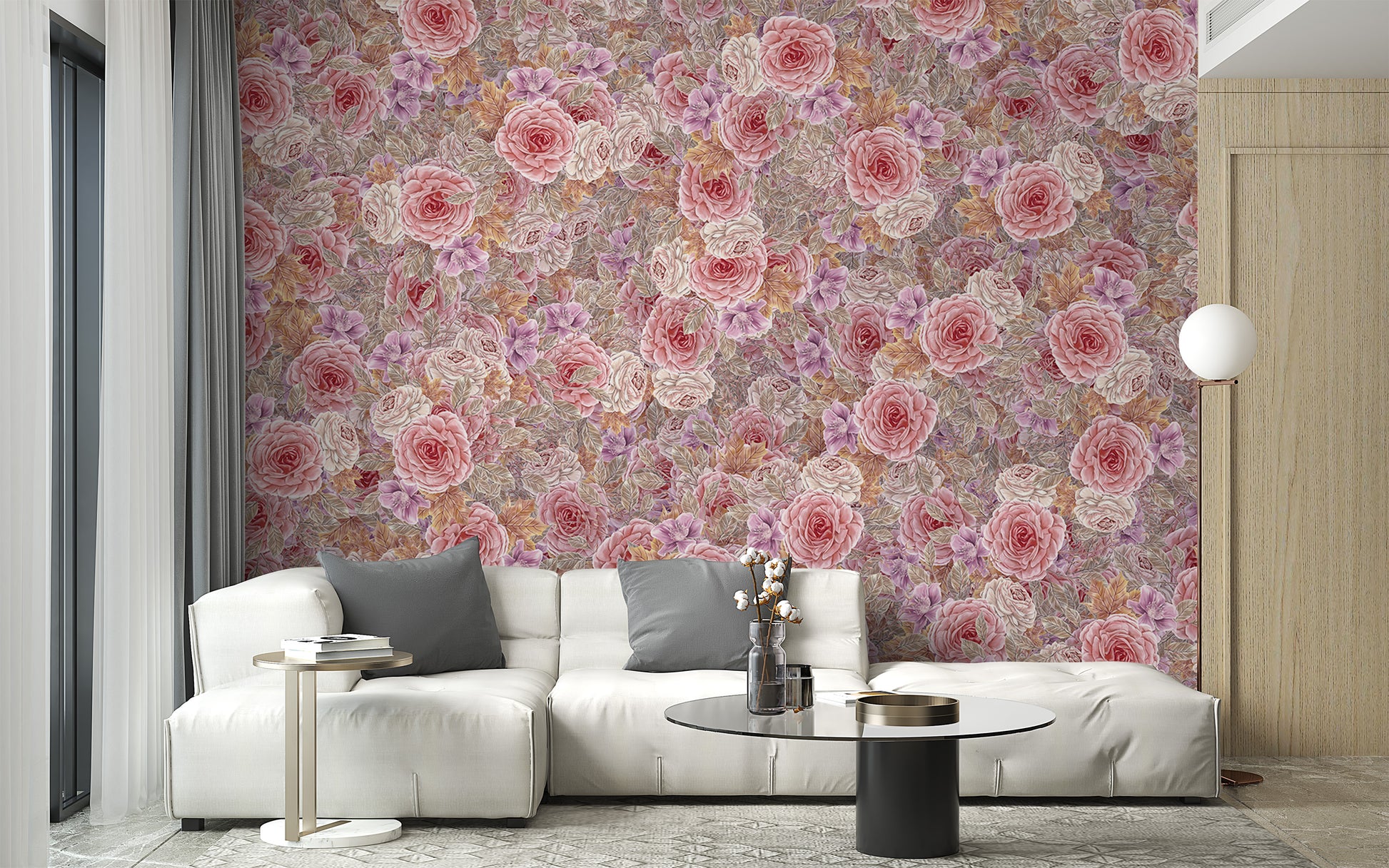 Stylish mural with blooming pink roses in a watercolor style
