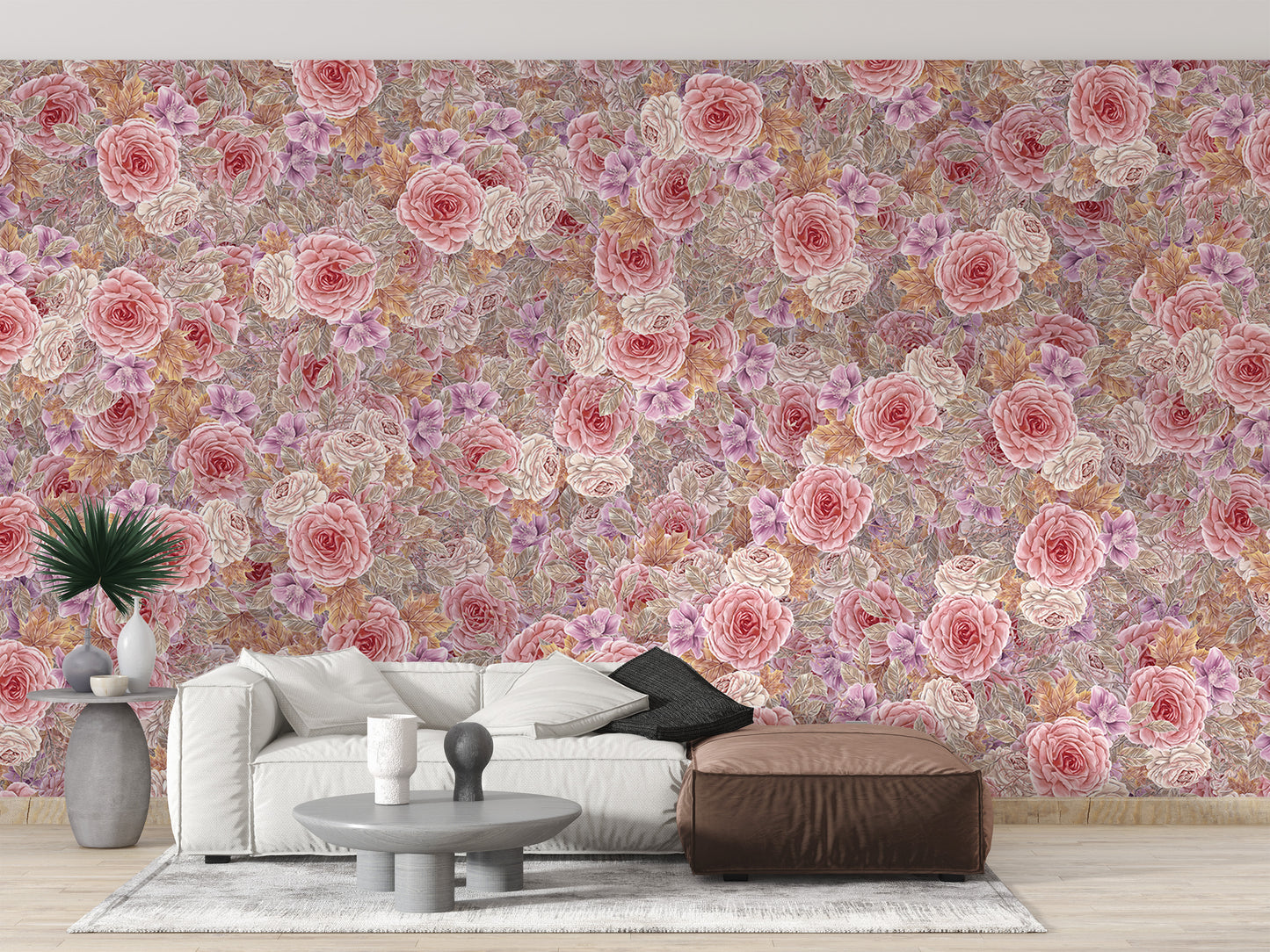 Pink floral mural with vibrant watercolor roses for walls
