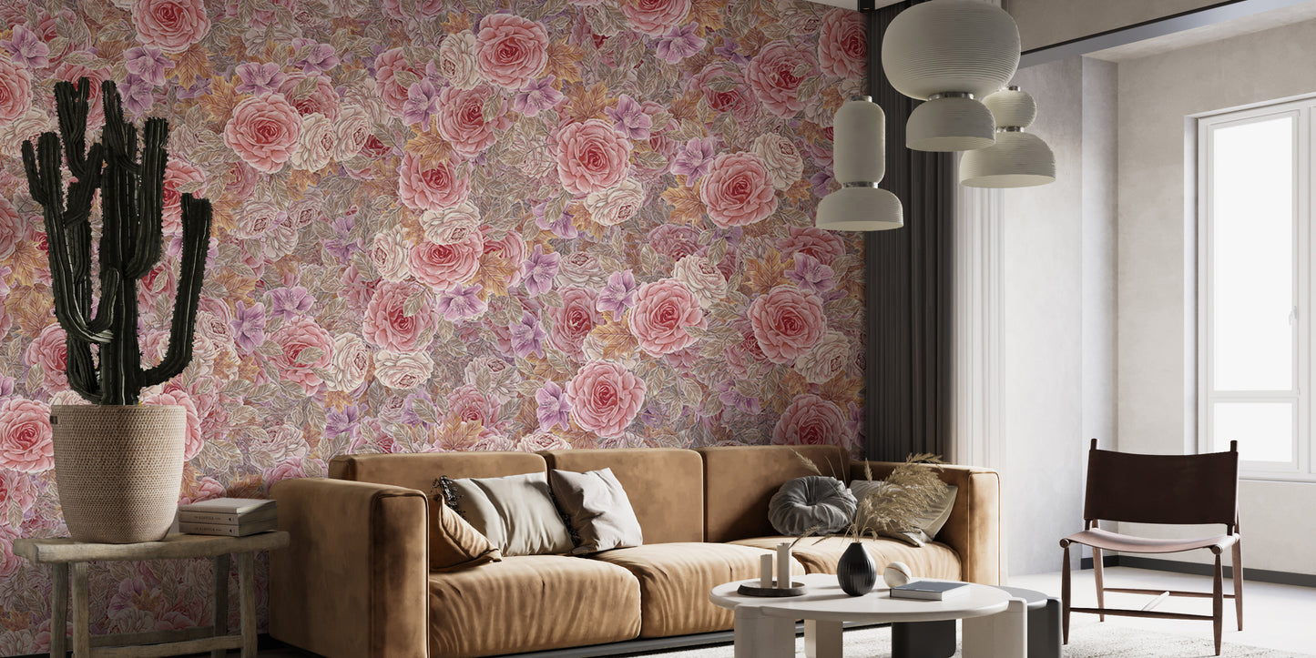 Elegant pink roses wallpaper with a soft watercolor design
