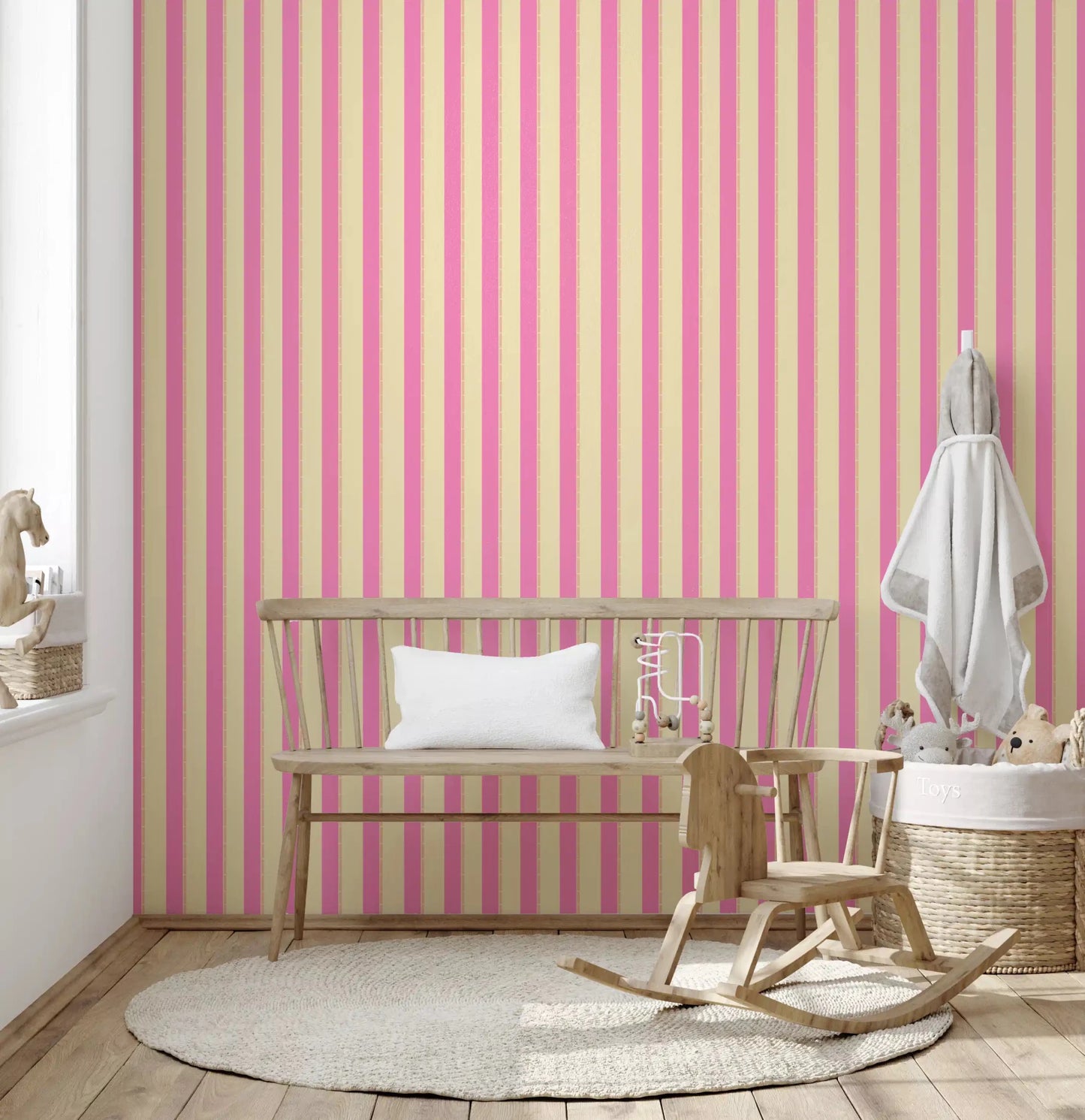 Pink Stripe Delight play area Wallpaper with crisp vertical lines and a matte finish.