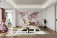 Pastel pink world map mural

