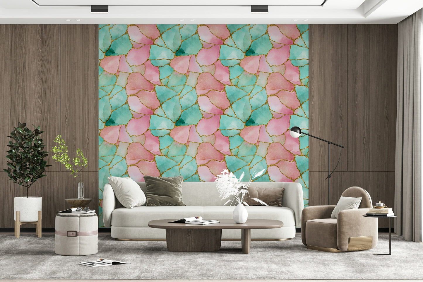 Modern wallpaper design blending turquoise and pink with metallic gold veins