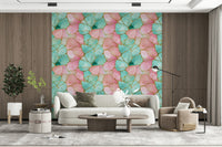 Modern wallpaper design blending turquoise and pink with metallic gold veins