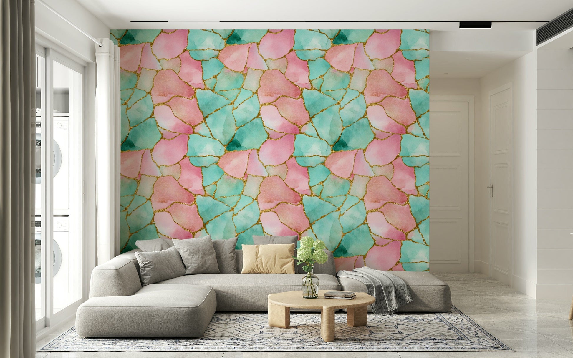 Vibrant wallpaper combining turquoise and pink tones with shimmering gilded details