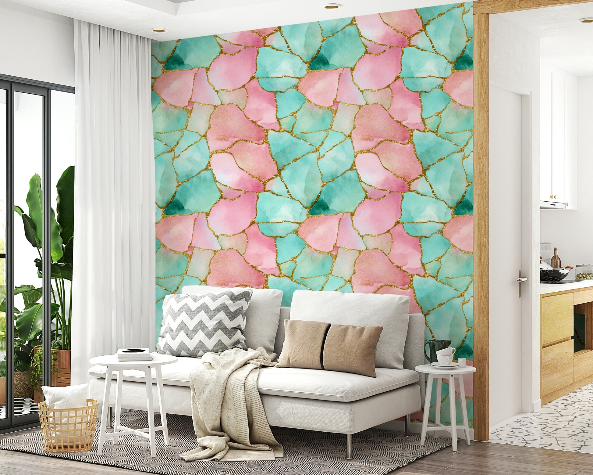 Decorative wall mural with abstract pink and turquoise water patterns accented in gold