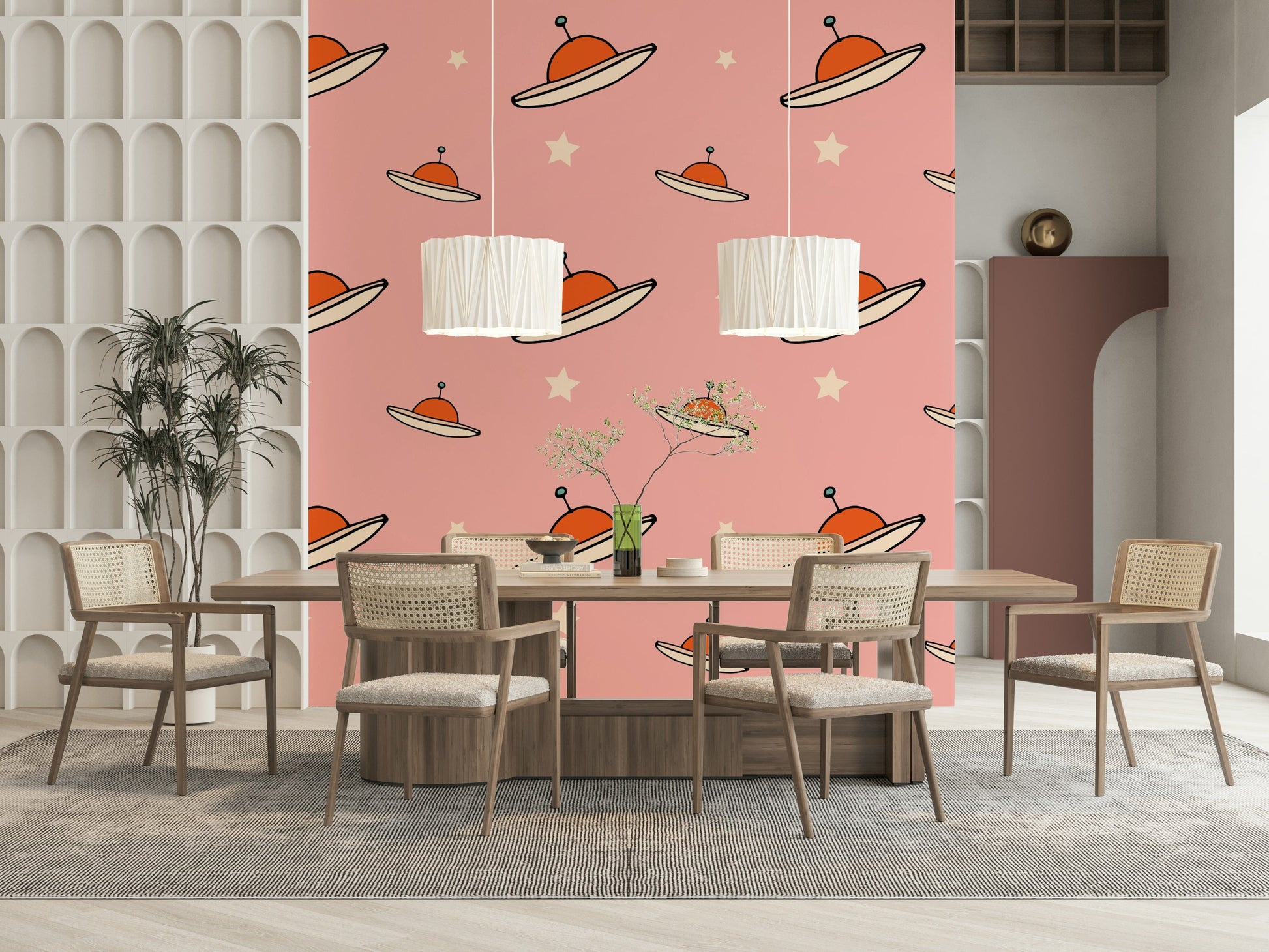 Kids Minimal Vintage UFO Pink product, orange cream vessels soft setting.