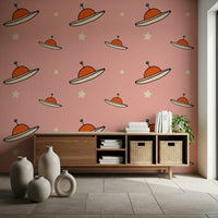 Fun Kids Minimal Vintage UFO Pink wallpaper for children's bedroom creative.