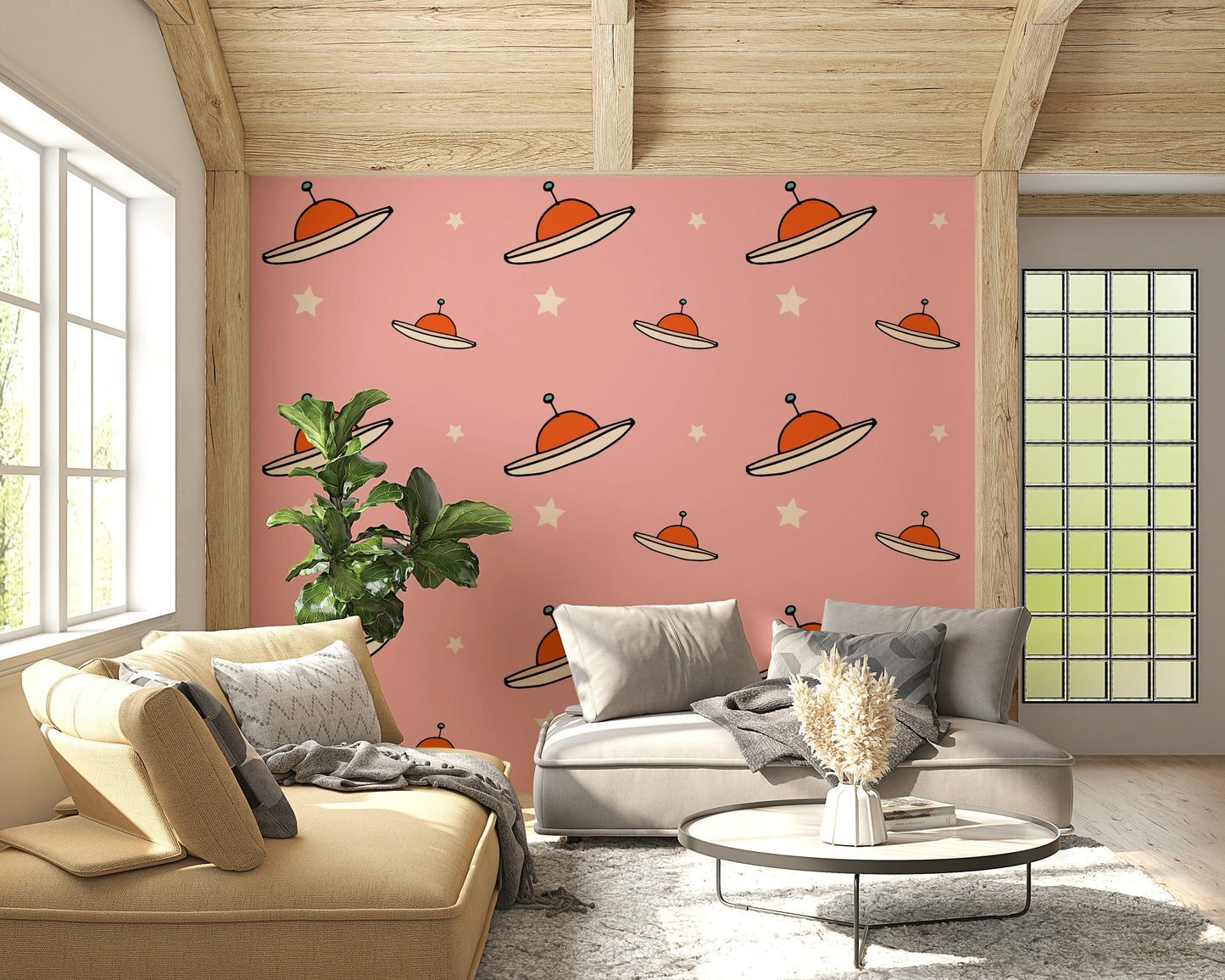Kids Minimal Vintage UFO Pink wallcovering, blush background baby room decor.