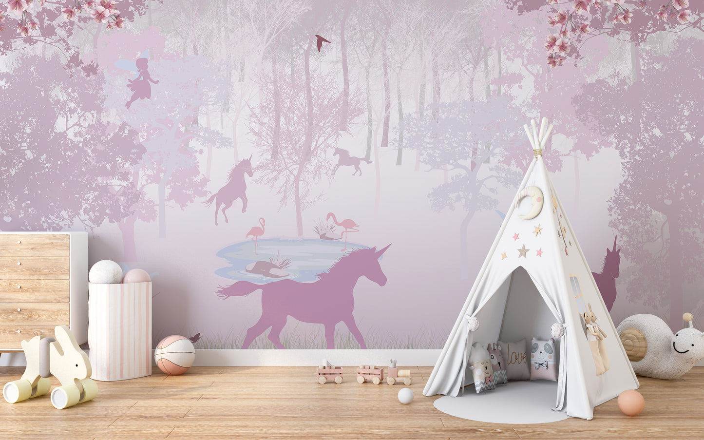 Pink Unicorn in Forest Wallpaper Mural - Giffywalls