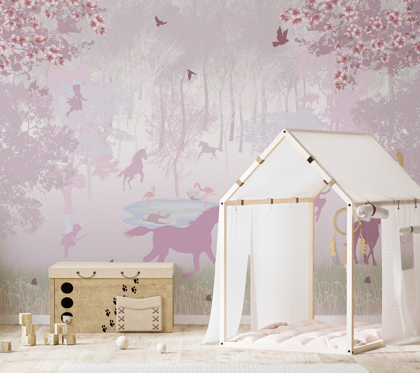 Enchanted forest mural with unicorns
