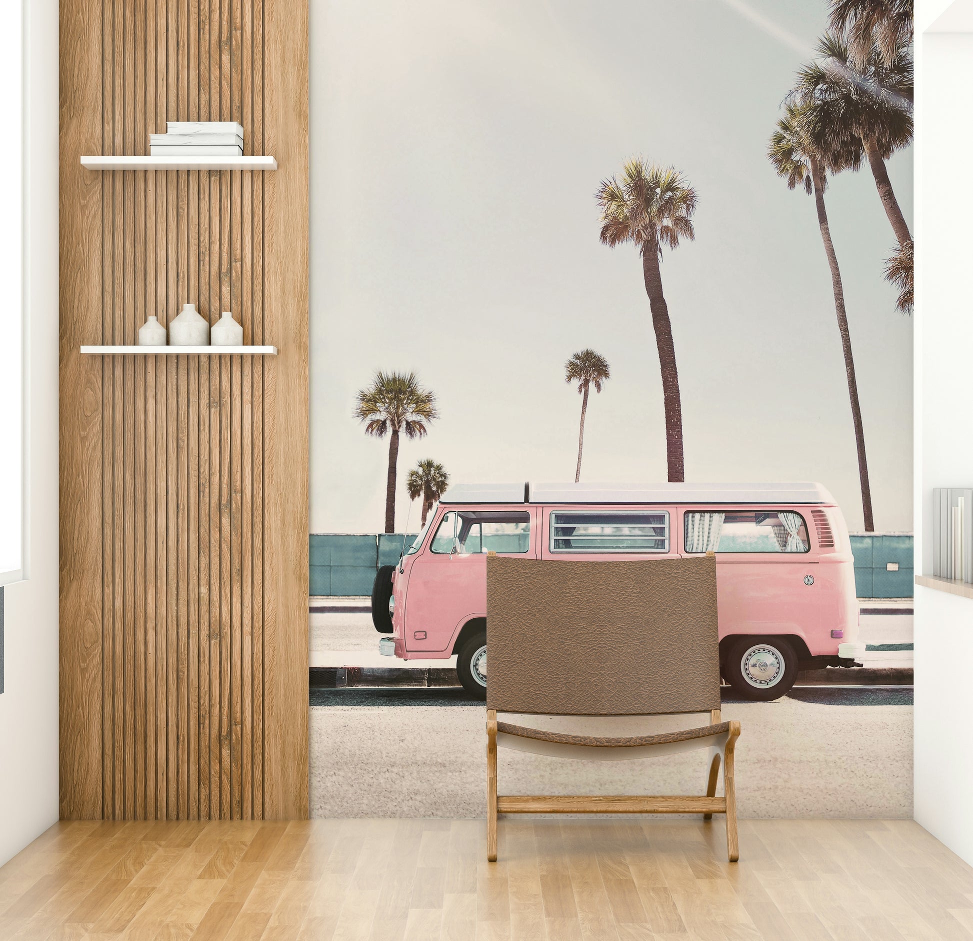 Stylish pink van wallpaper with retro feel

