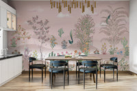 Hand-painted botanical wallpaper with pink background
