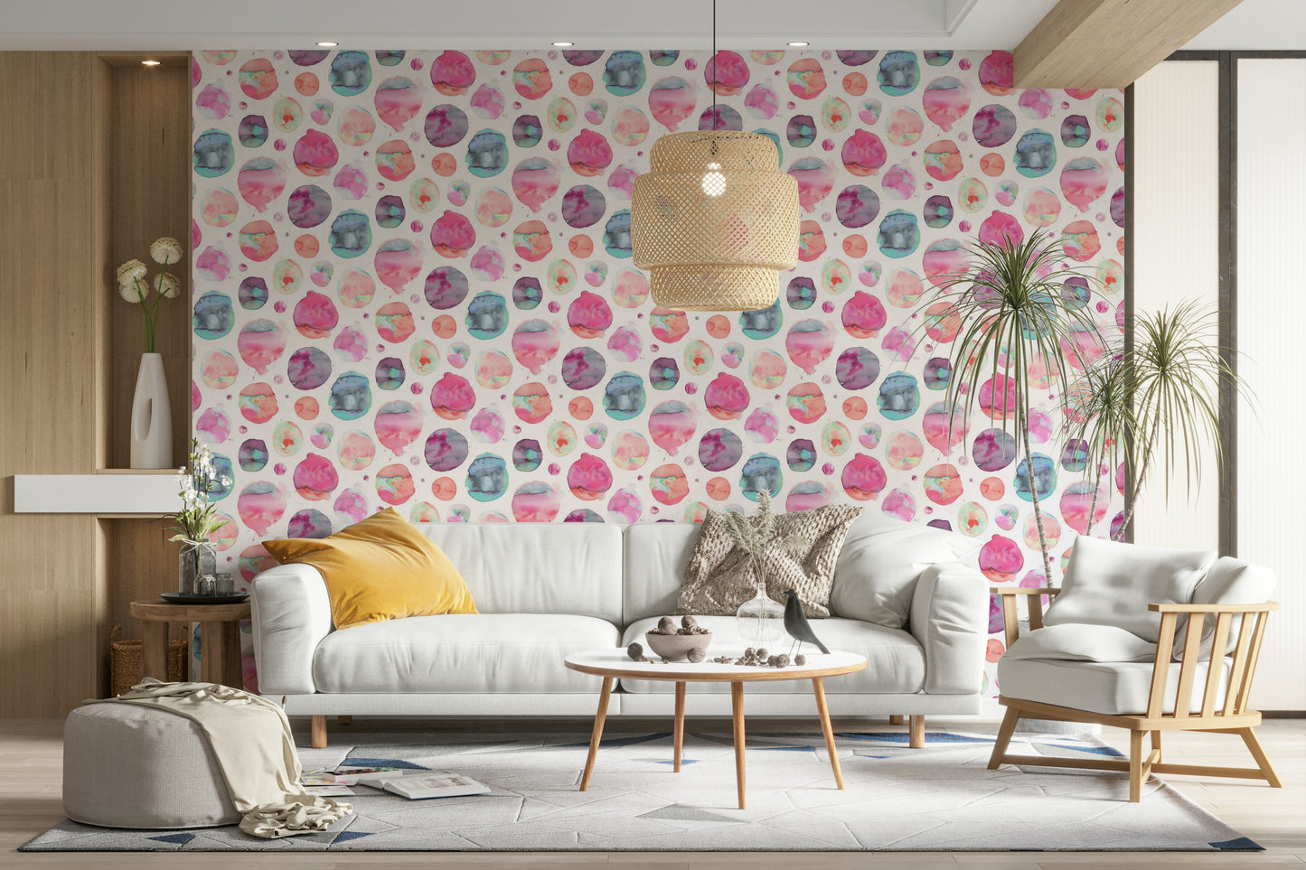 Oversized pink spots on soft artistic wallpaper


