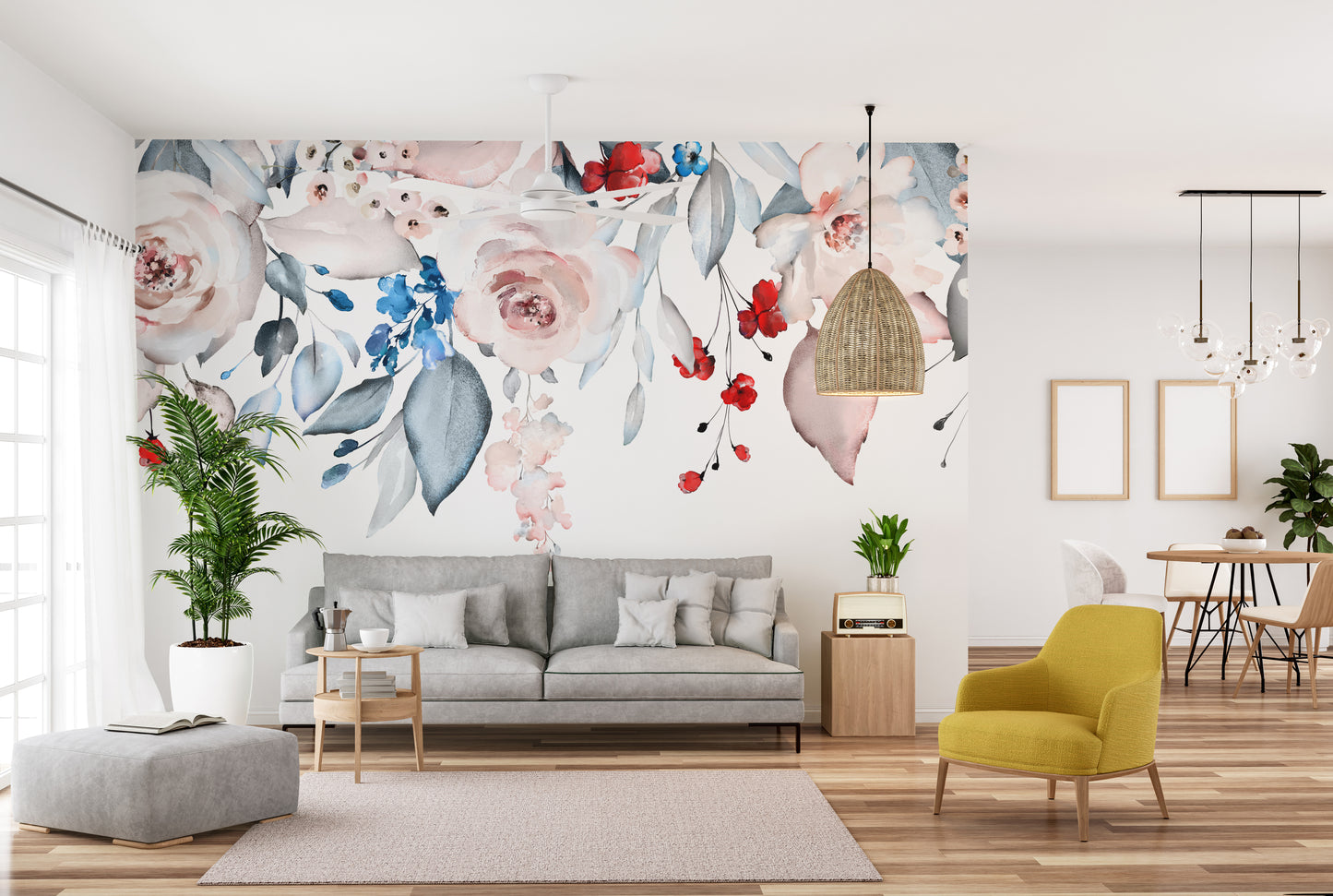 Pink Floral Watercolor Wall Art Mural