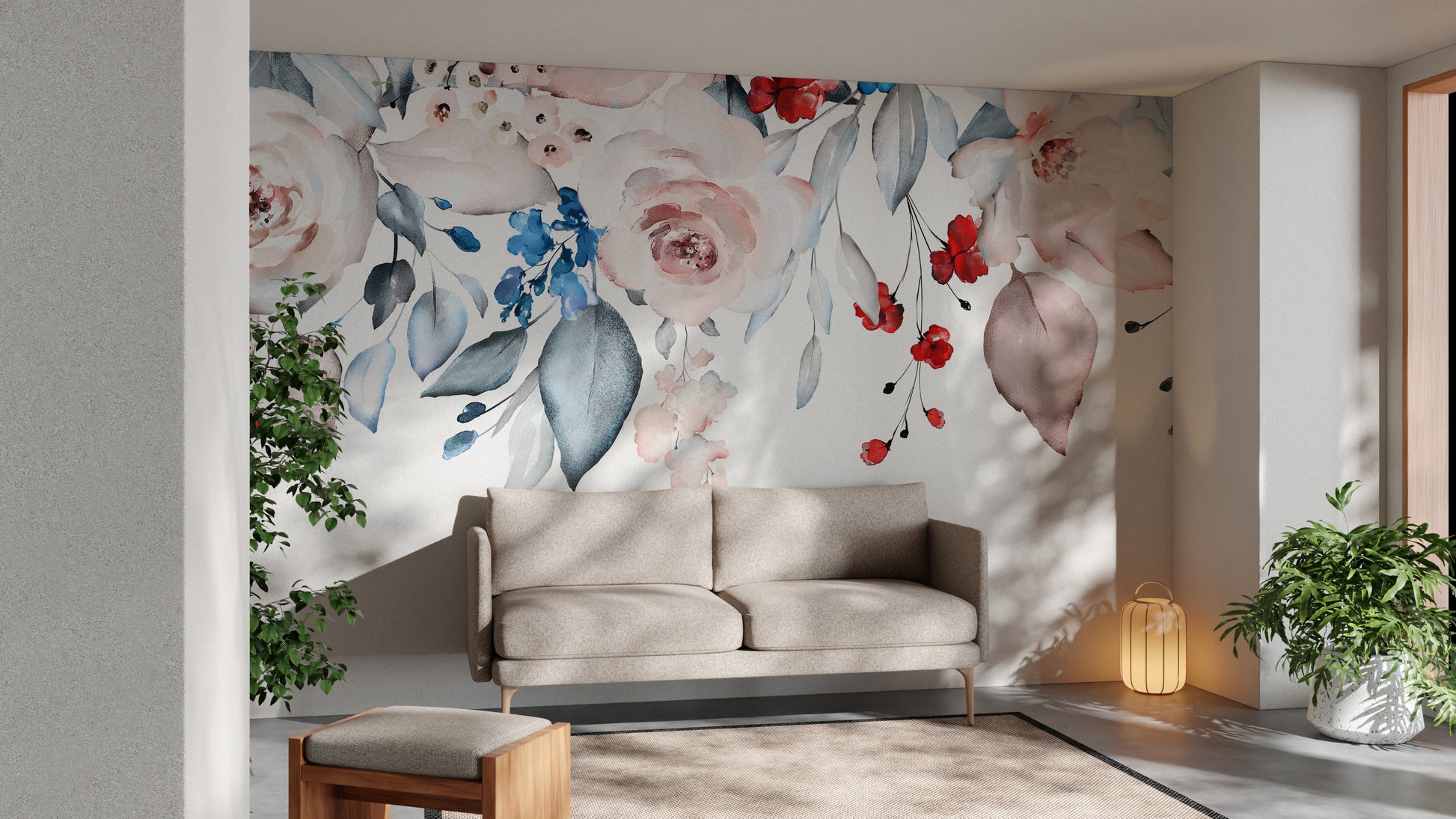 Watercolor Flower Wall Mural in Pink