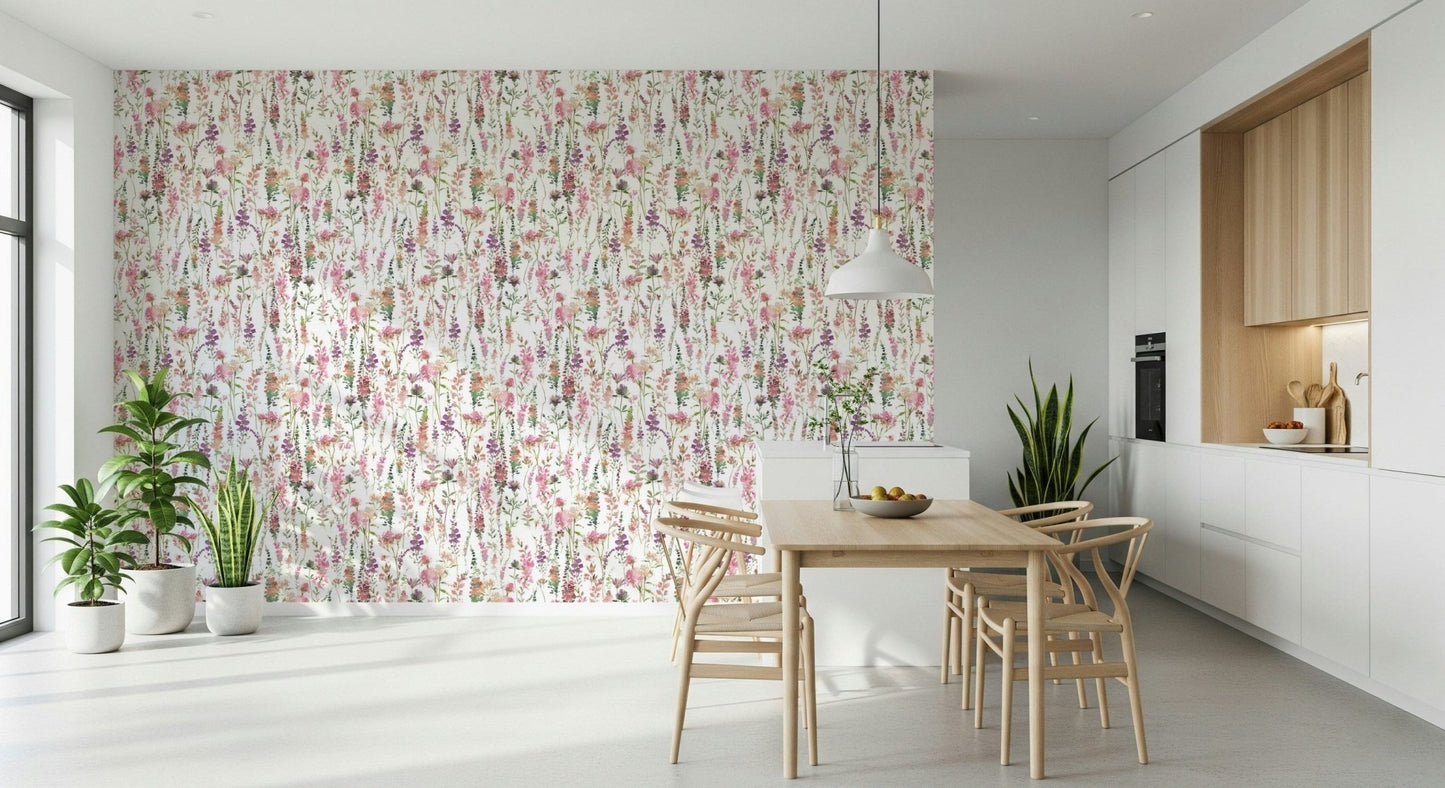 Soft feminine florals wall covering Pink Watercolor Meadow.