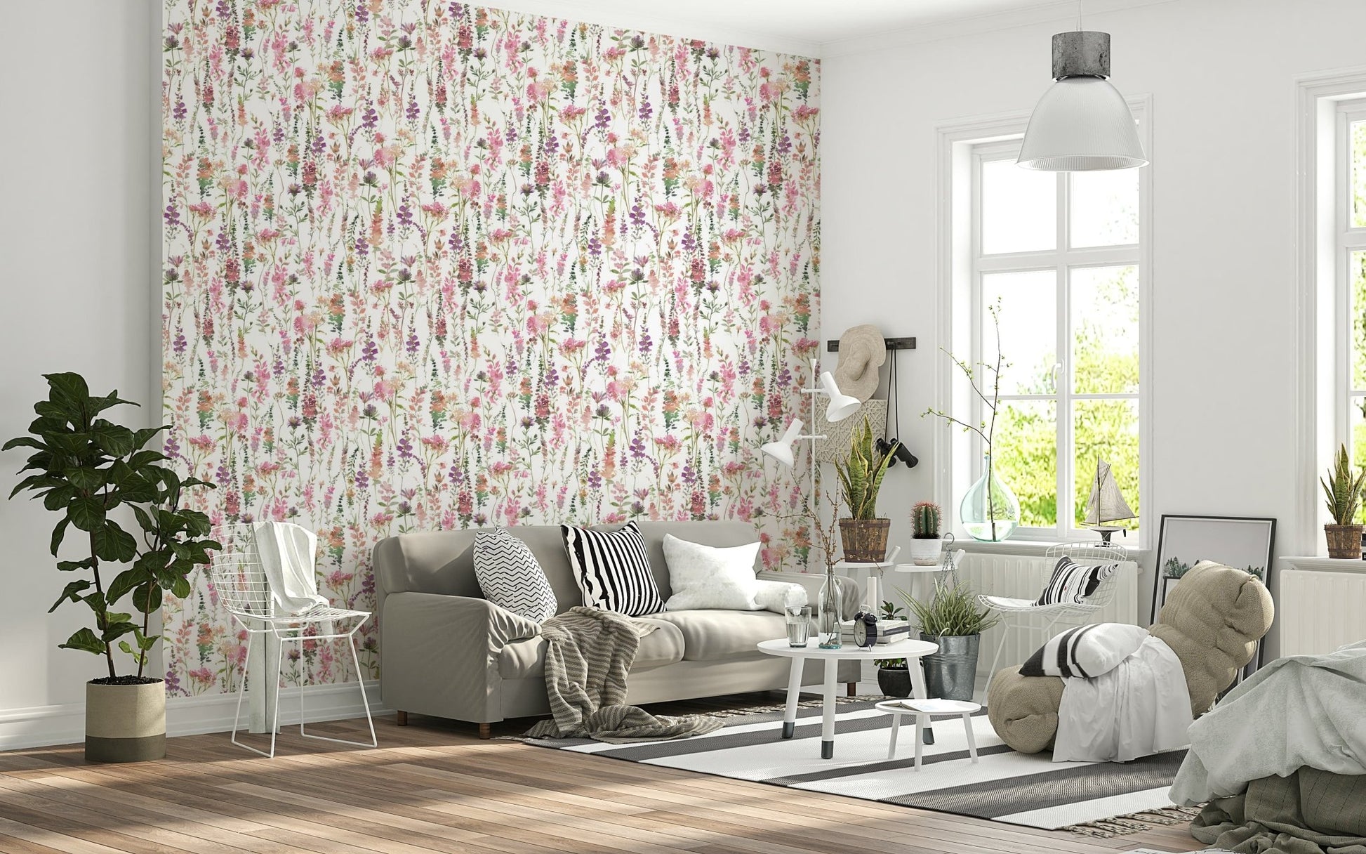 Vibrant spring wallpaper Pink Watercolor Meadow wild blooms.