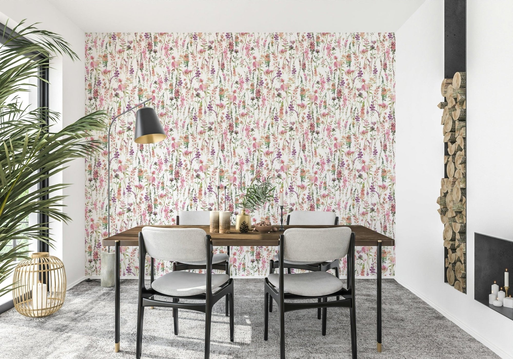 Pink Watercolor Meadow Wall Mural with soft floral design.