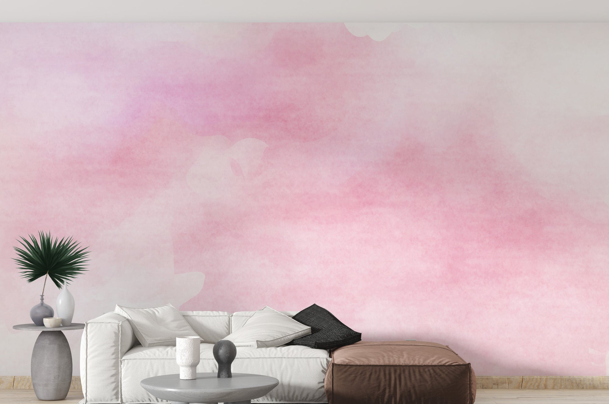 Pink Watercolor wallpaper mural shown as a full feature wall that highlights the design