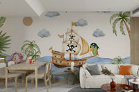 A cheerful wall mural with a whimsical, pirate-themed design.

