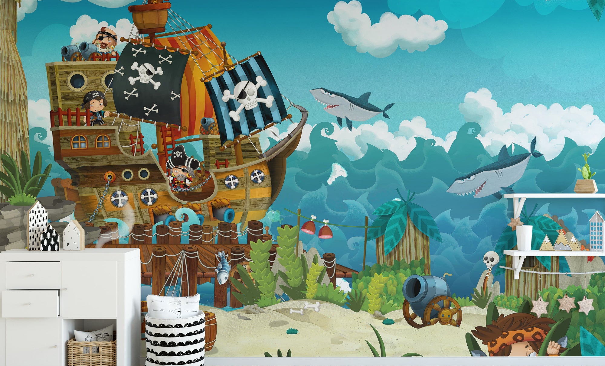 Pirates On The Sea Kids wallpaper mural shown as a full feature wall that highlights the design