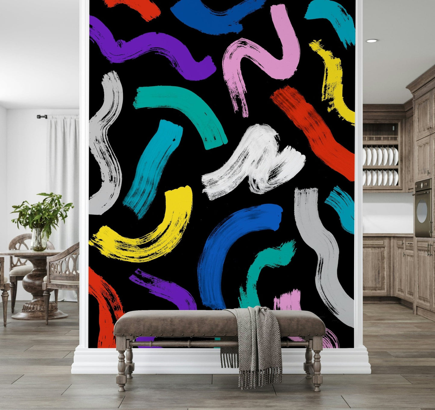 Abstract Brushstroke Wall Mural – Decorative wallpaper with dynamic, colorful brushstroke patterns.