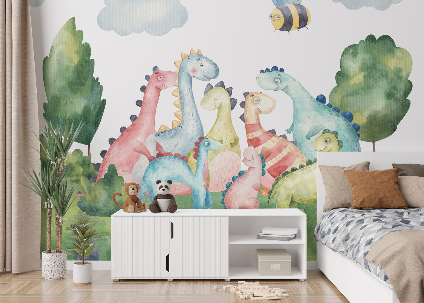 Whimsical watercolor dinosaurs for kids walls