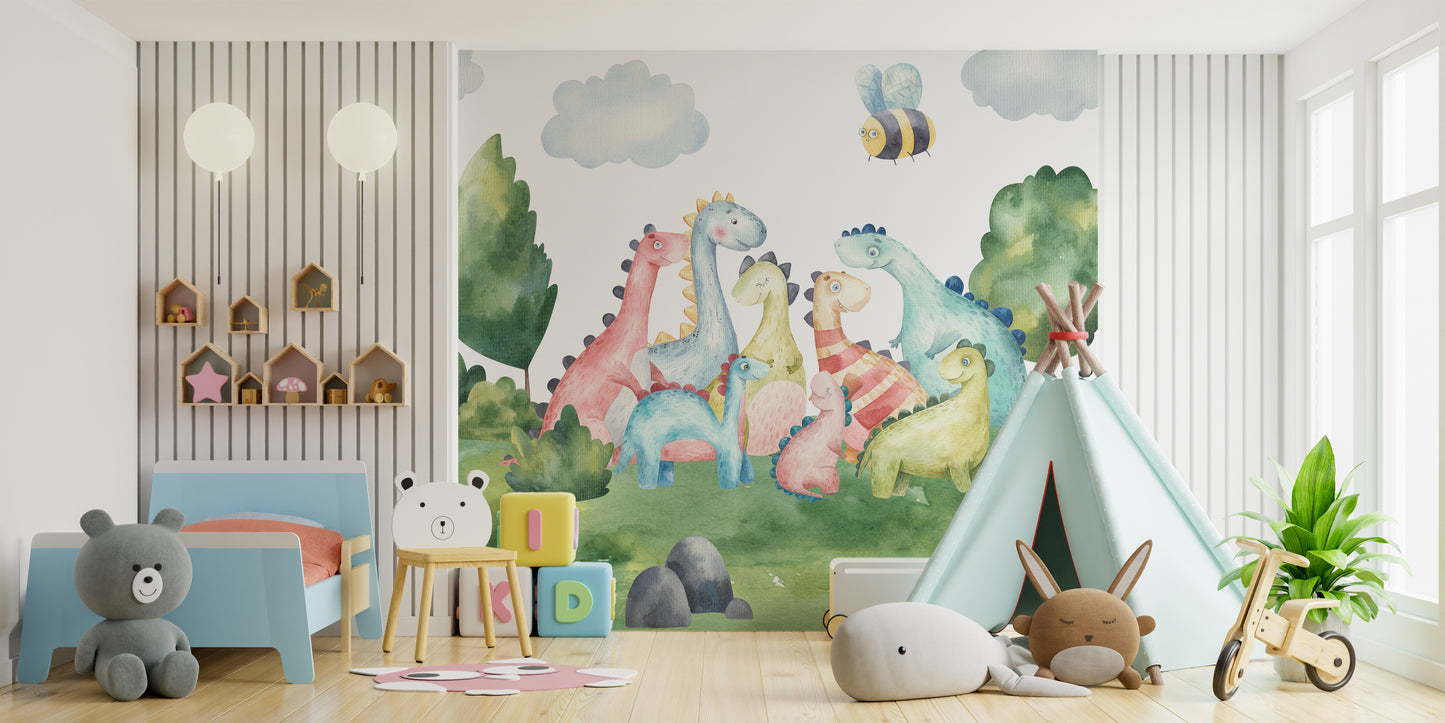 Kids room wallpaper featuring watercolor dinosaurs