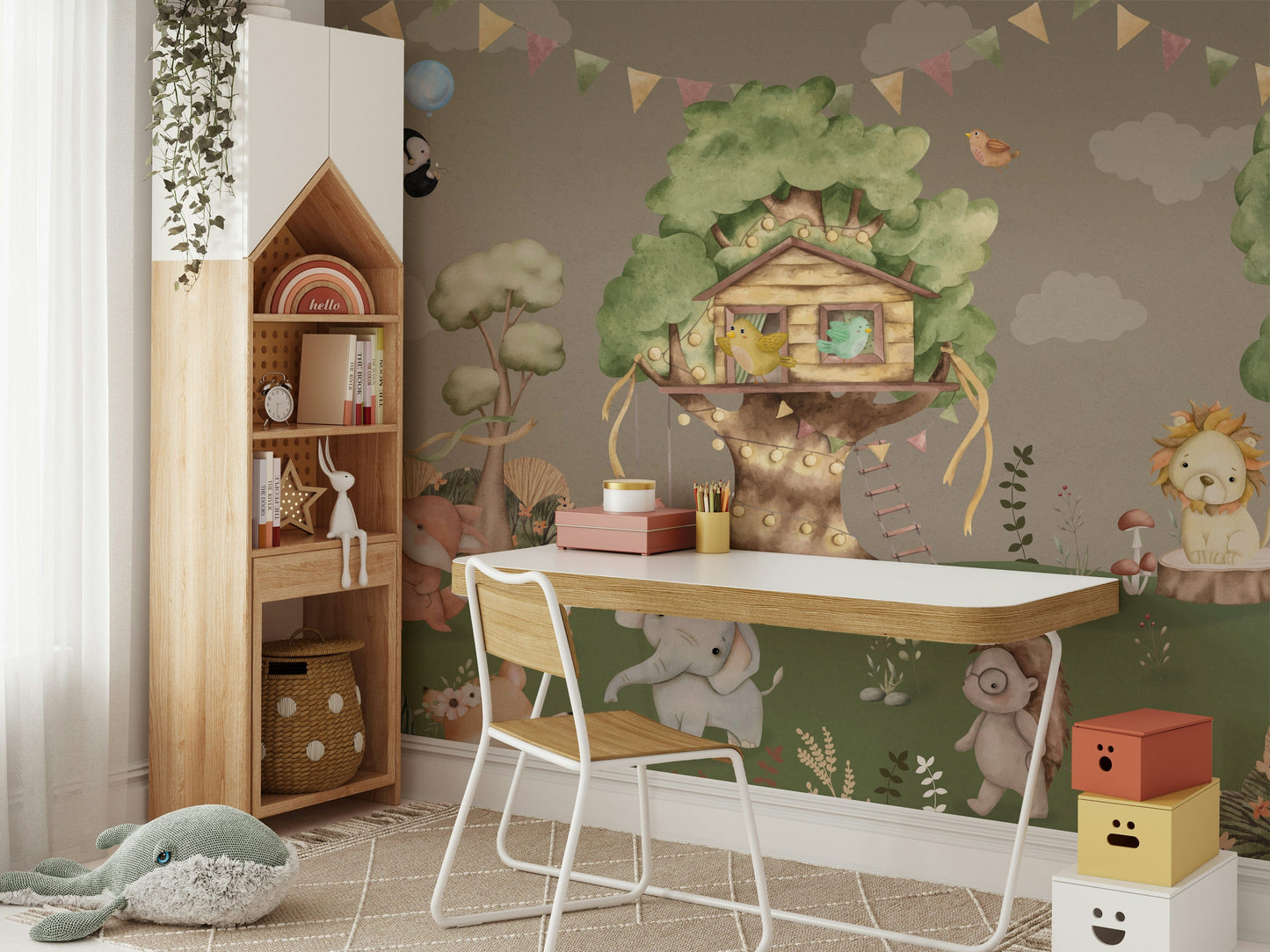 The colors are soft and gentle, with light greens, yellows, and browns.

