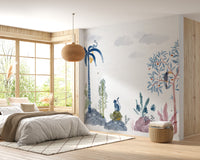 Creative wildlife wallpaper with cacti and tropical plants