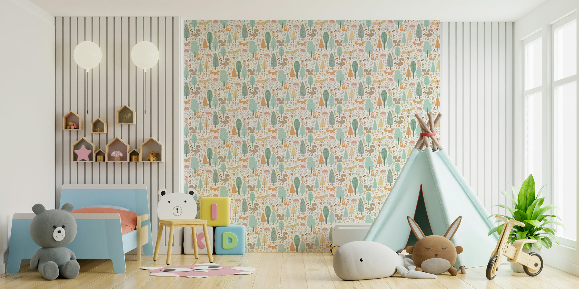 Playful woodland animals wallpaper for nursery

