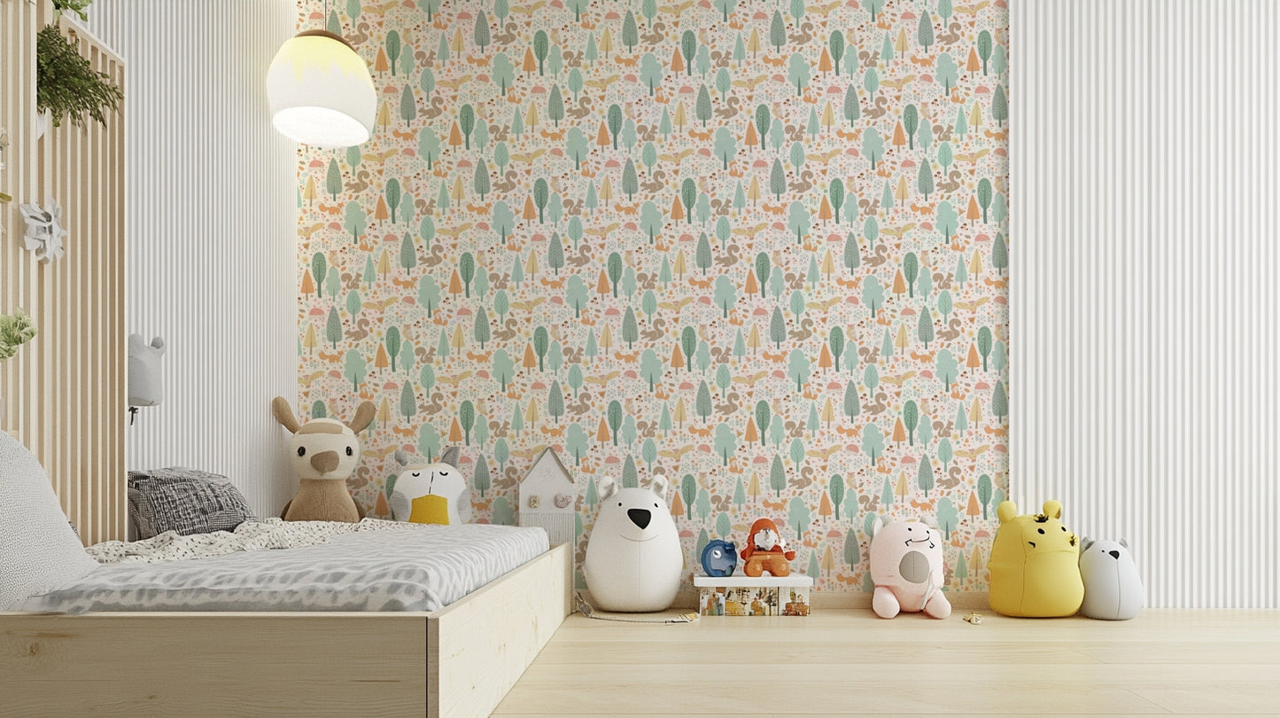 Soft-toned nursery wallpaper with forest animals

