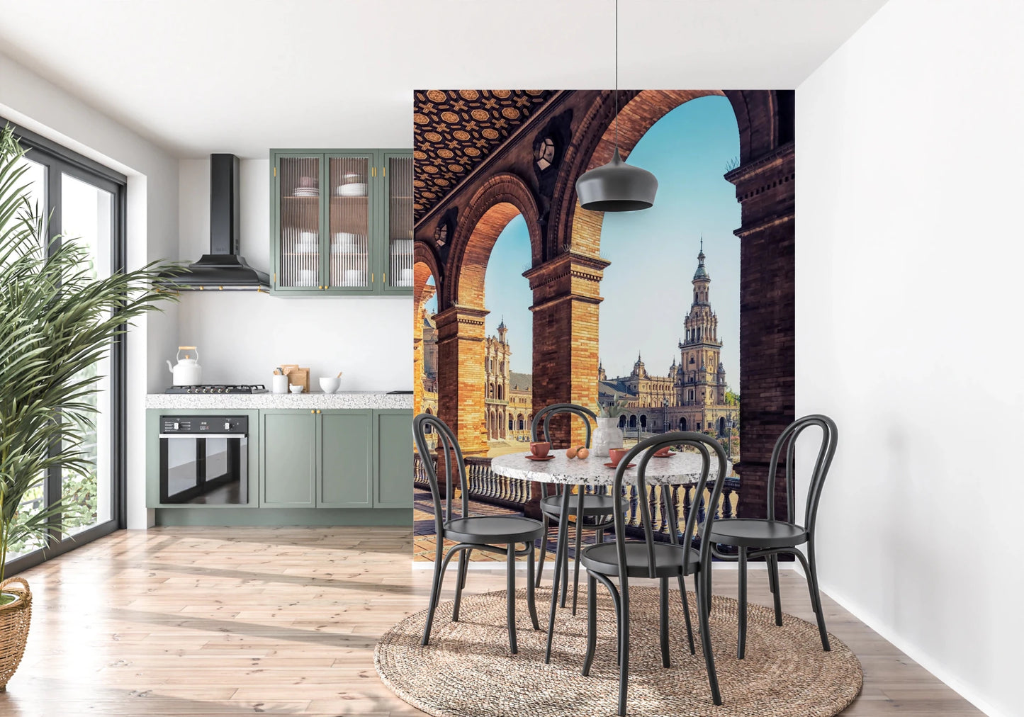 Plaza de España View wallpaper mural of the Seville plaza tower behind a round dining table and black bentwood chairs